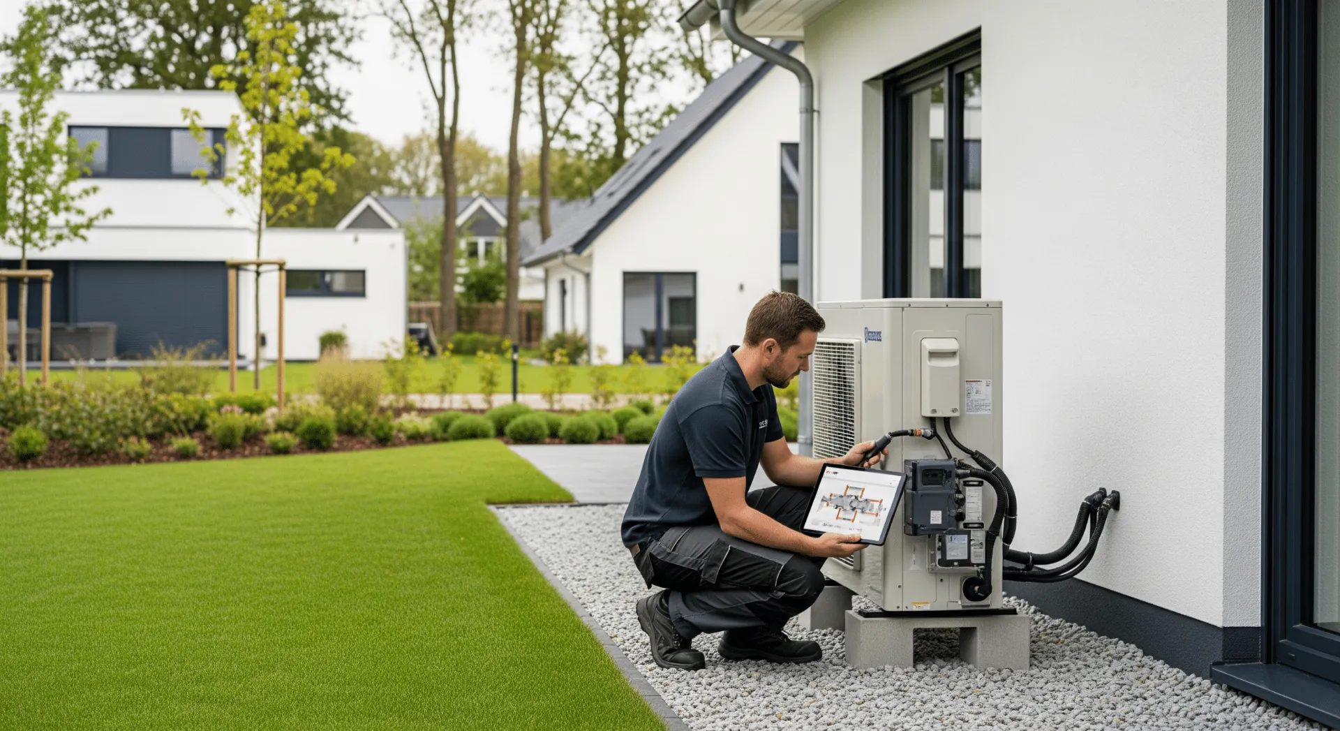 Installateur prüft Außeneinheit einer Wärmepumpe neben modernem Einfamilienhaus in Oldenburg