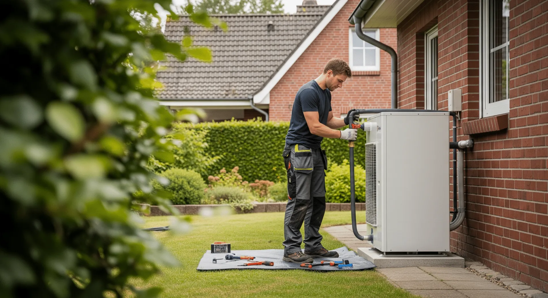 Installateur montiert eine moderne Luft-Wasser-Wärmepumpe im Garten eines Einfamilienhauses in Oldenburg