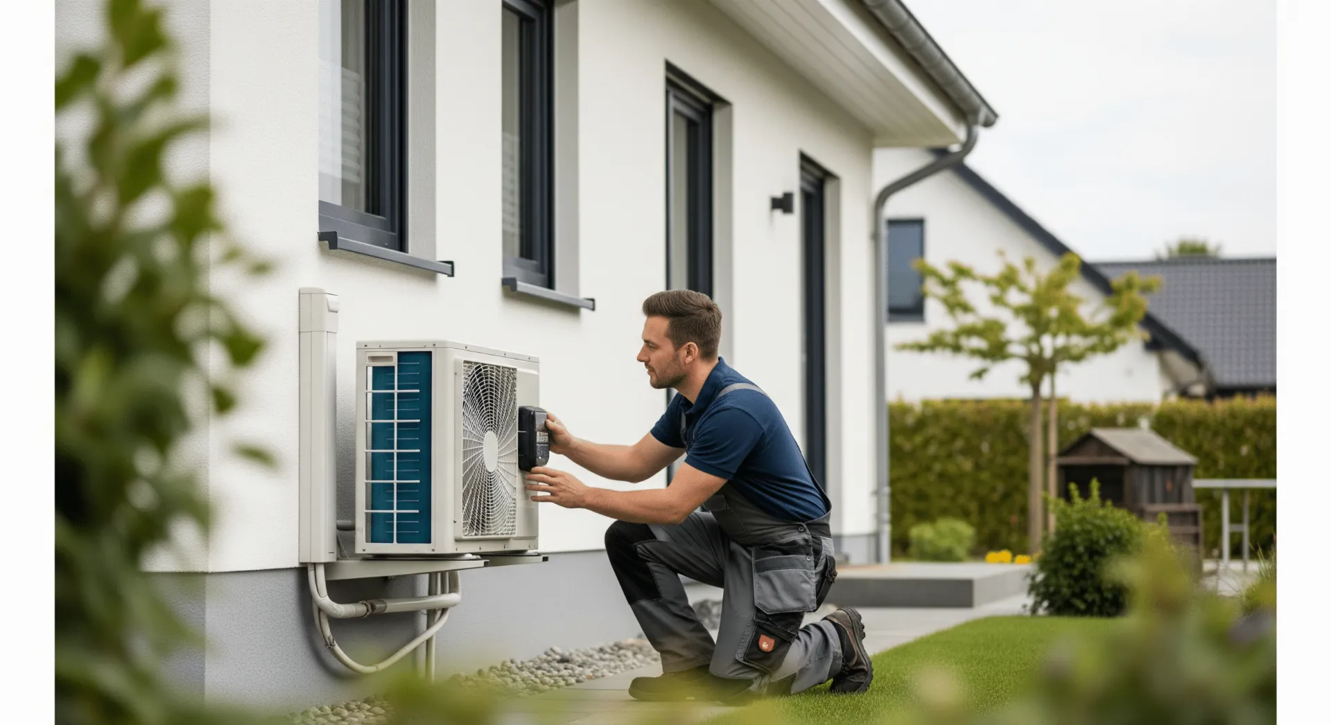 Installateur prüft die Außeneinheit einer Luft-Wasser-Wärmepumpe neben einem Einfamilienhaus in Oldenburg