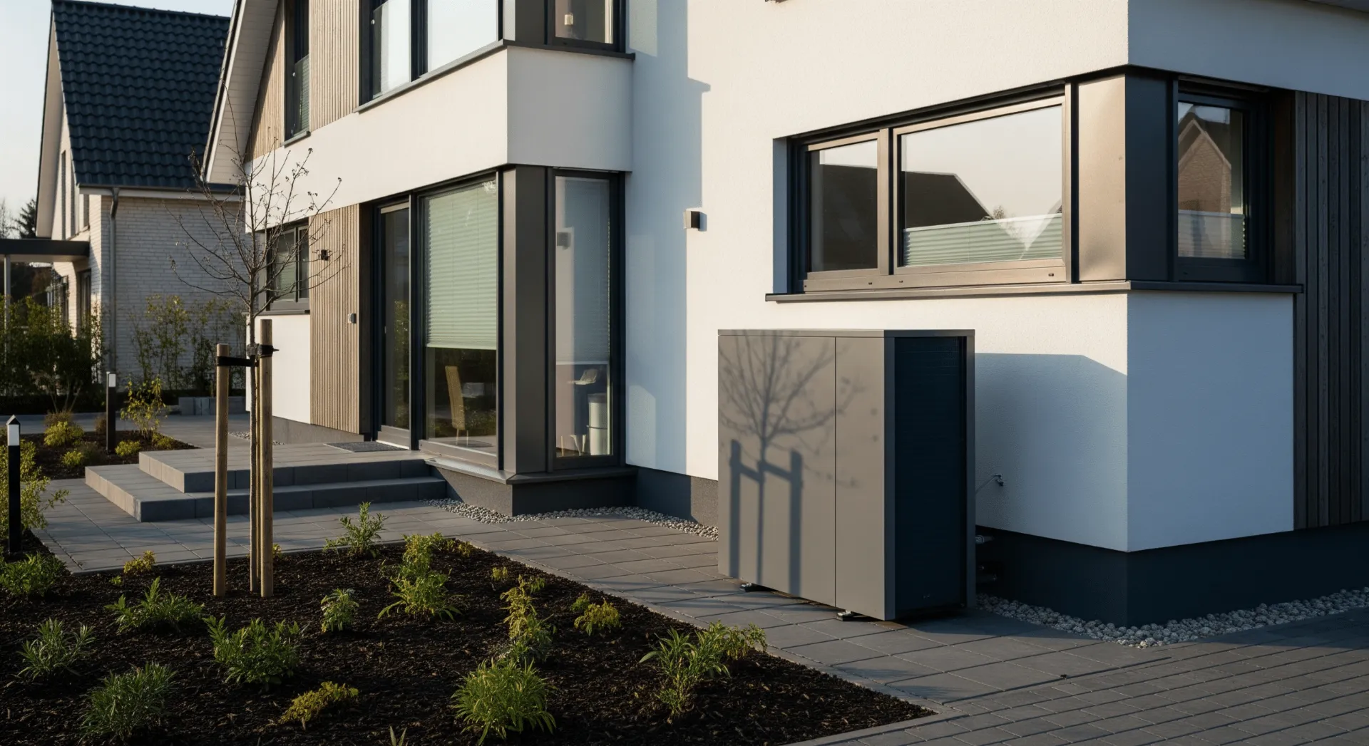 Außeneinheit einer Luft-Wasser-Wärmepumpe neben einem modernen Einfamilienhaus in Oldenburg