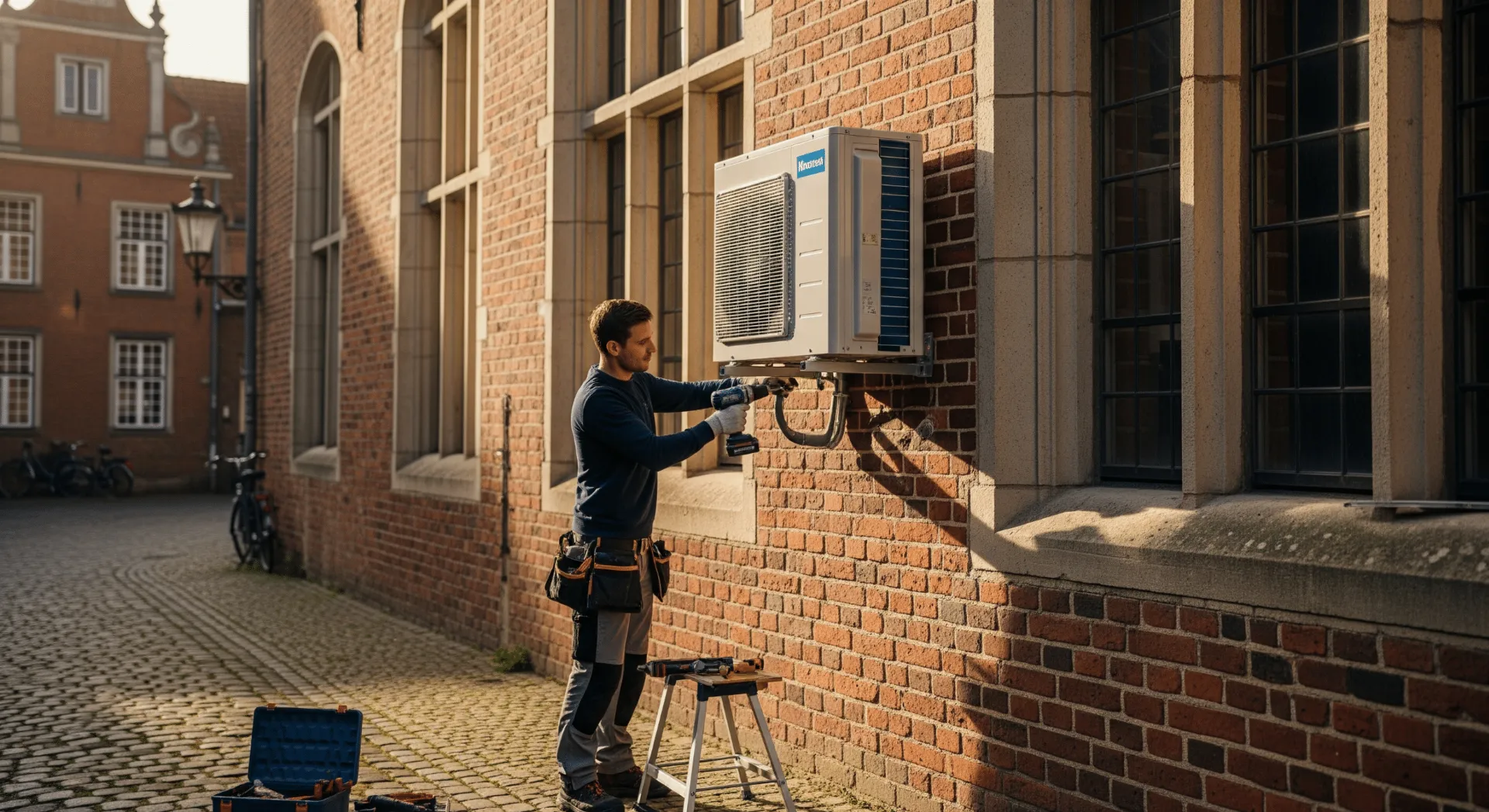Installateur montiert moderne Wärmepumpe neben einem Altbauhaus in Oldenburg