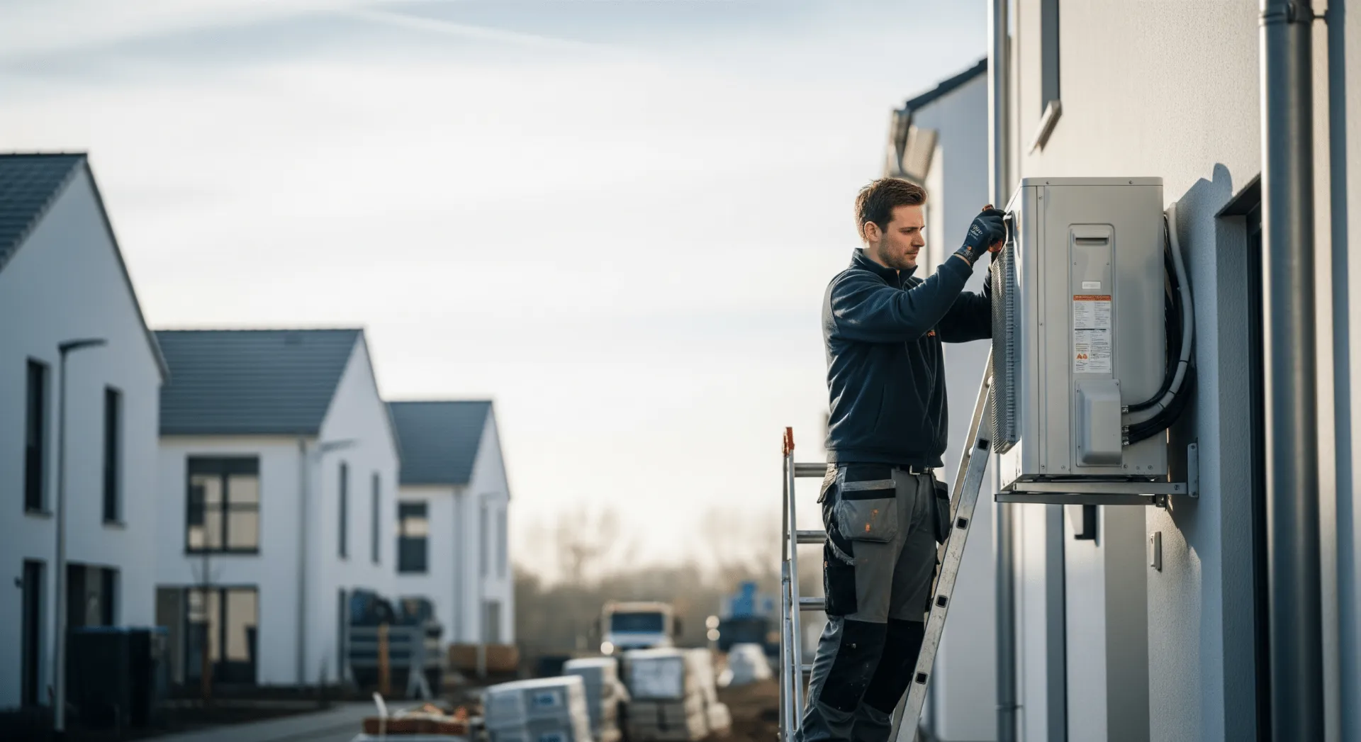 Installateur montiert moderne Luft-Wasser-Wärmepumpe an Hausfassade im Neubaugebiet