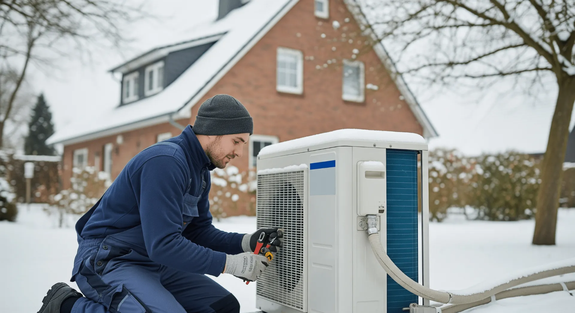 Servicetechniker repariert Wärmepumpe vor einem Einfamilienhaus in Oldenburg bei winterlichen Bedingungen