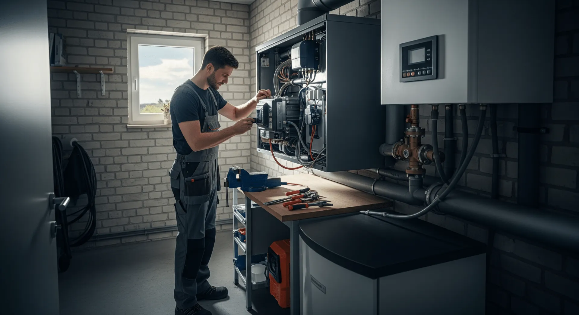 Fachbetrieb führt Wartung an einer modernen Wärmepumpe im Technikraum eines Einfamilienhauses durch