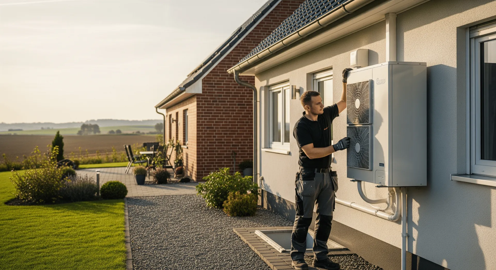 Installateur montiert moderne Luft-Wasser-Wärmepumpe neben Einfamilienhaus im ländlichen Niedersachsen