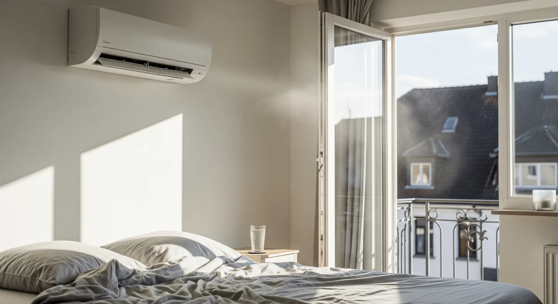 Moderne Split-Klimaanlage in einem hellen Schlafzimmer während des Betriebs im Sommer