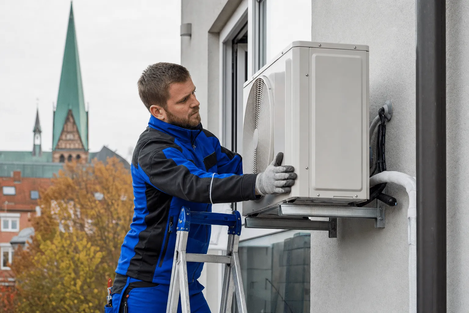 Fachbetrieb montiert Außengerät einer Klimaanlage an Hausfassade in Oldenburg