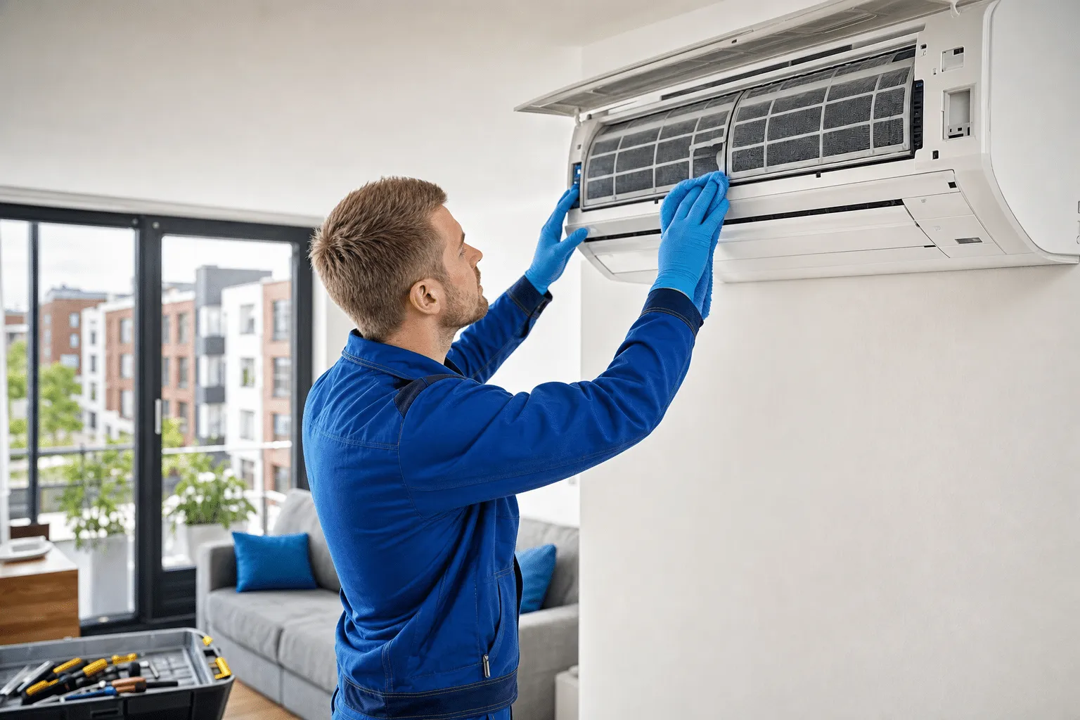 Techniker reinigt eine Klimaanlage in einer modernen Oldenburger Wohnung während einer Wartung