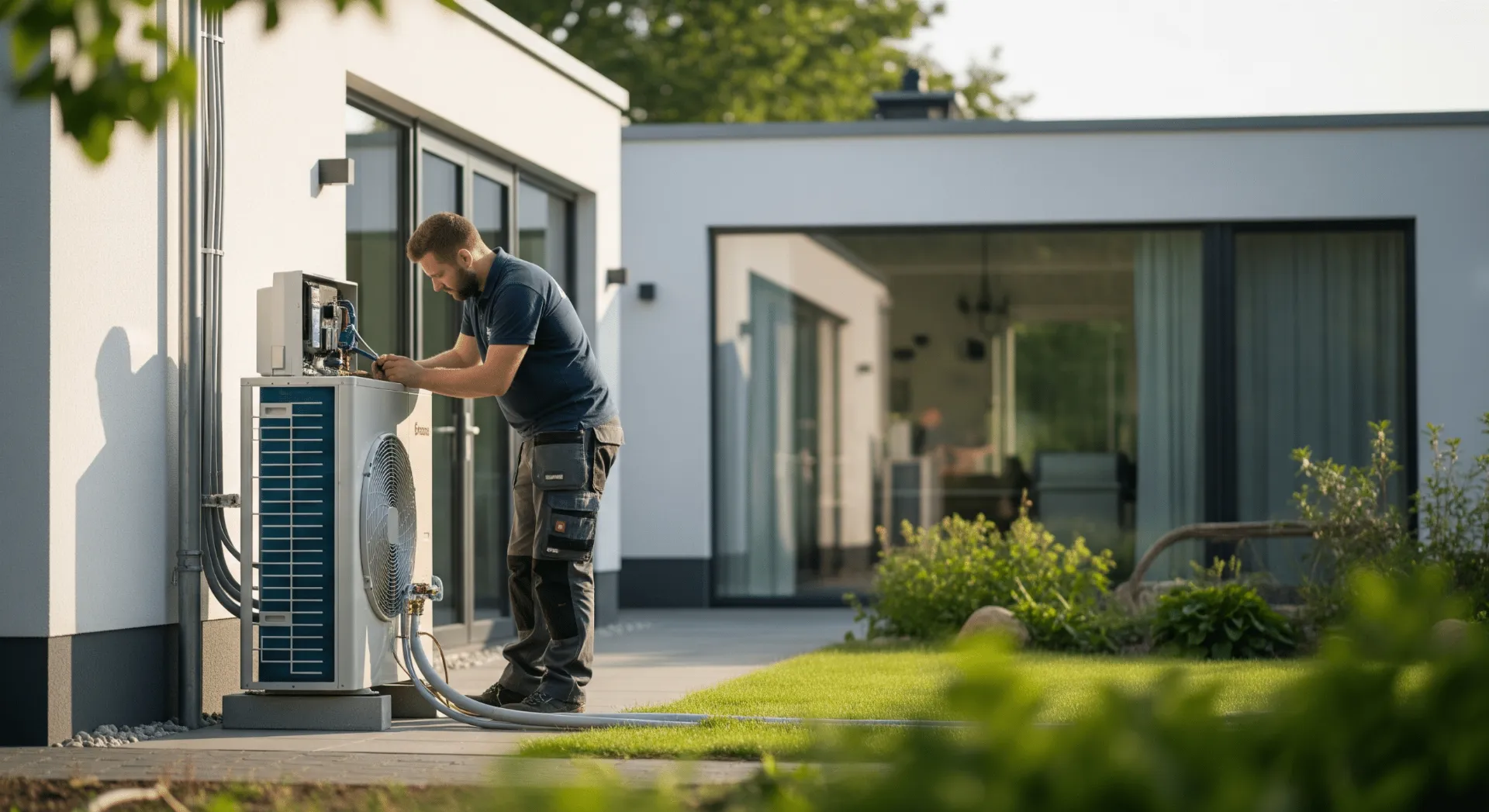 Techniker installiert Außeneinheit einer Luft-Wasser-Wärmepumpe neben modernem Wohnhaus in Oldenburg