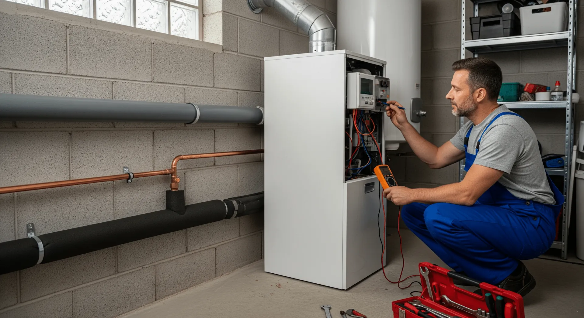 Monteur überprüft Rohrleitungen und Anschlüsse einer Wärmepumpe im Technikraum eines Einfamilienhauses