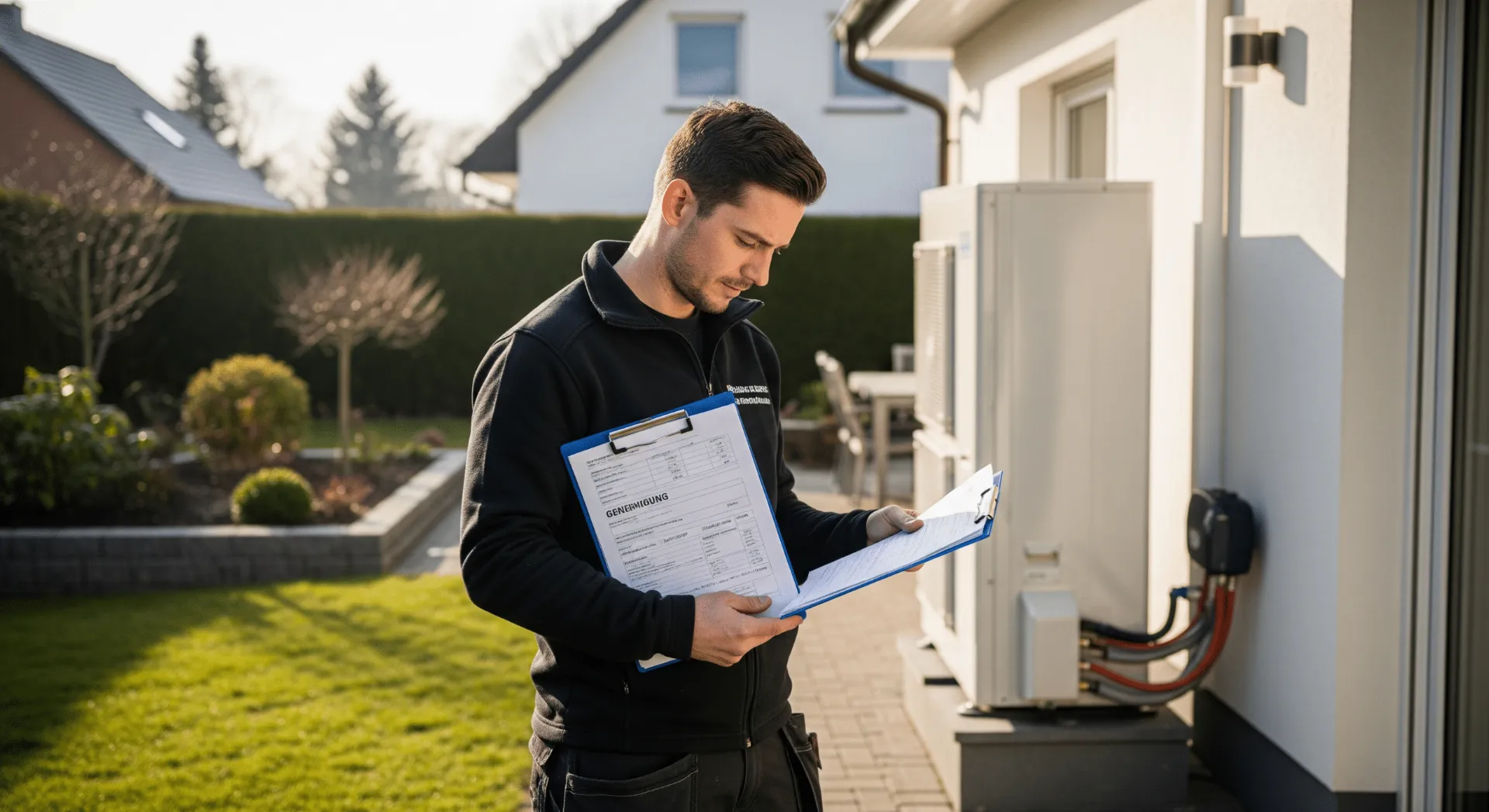 Installateur prüft Genehmigungsunterlagen neben Wärmepumpeneinheit im Garten eines Einfamilienhauses