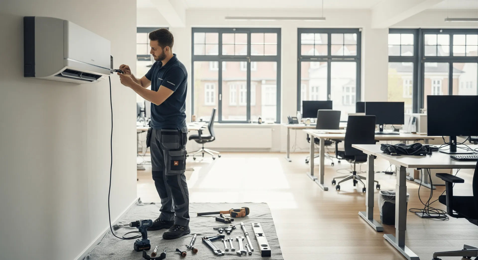 Techniker installiert eine moderne Klimaanlage in einem Großraumbüro in Oldenburg
