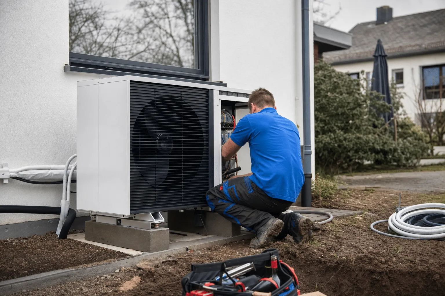 Installateur montiert moderne Wärmepumpe neben Einfamilienhaus im Garten