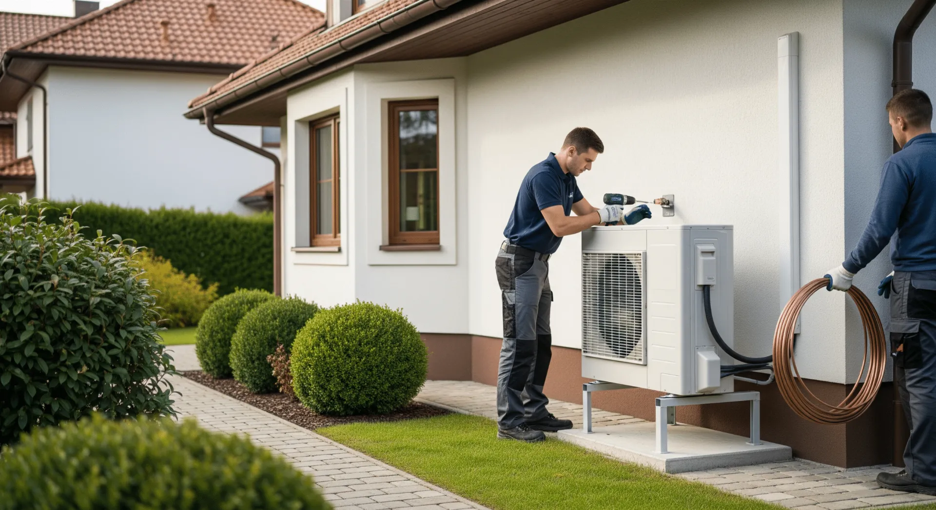 Installateur montiert Außeneinheit einer modernen Wärmepumpe neben Einfamilienhaus