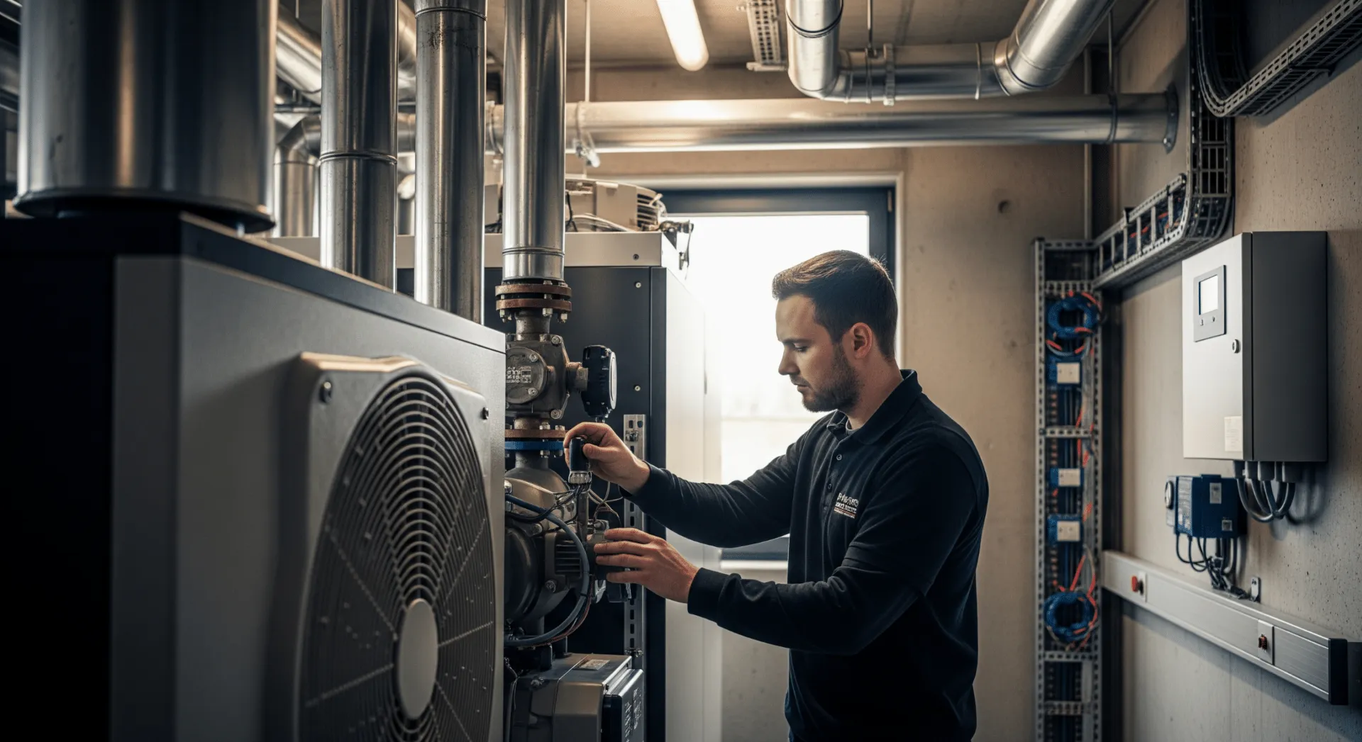Servicetechniker prüft gewerbliche Wärmepumpenanlage in einem Oldenburger Betriebsgebäude