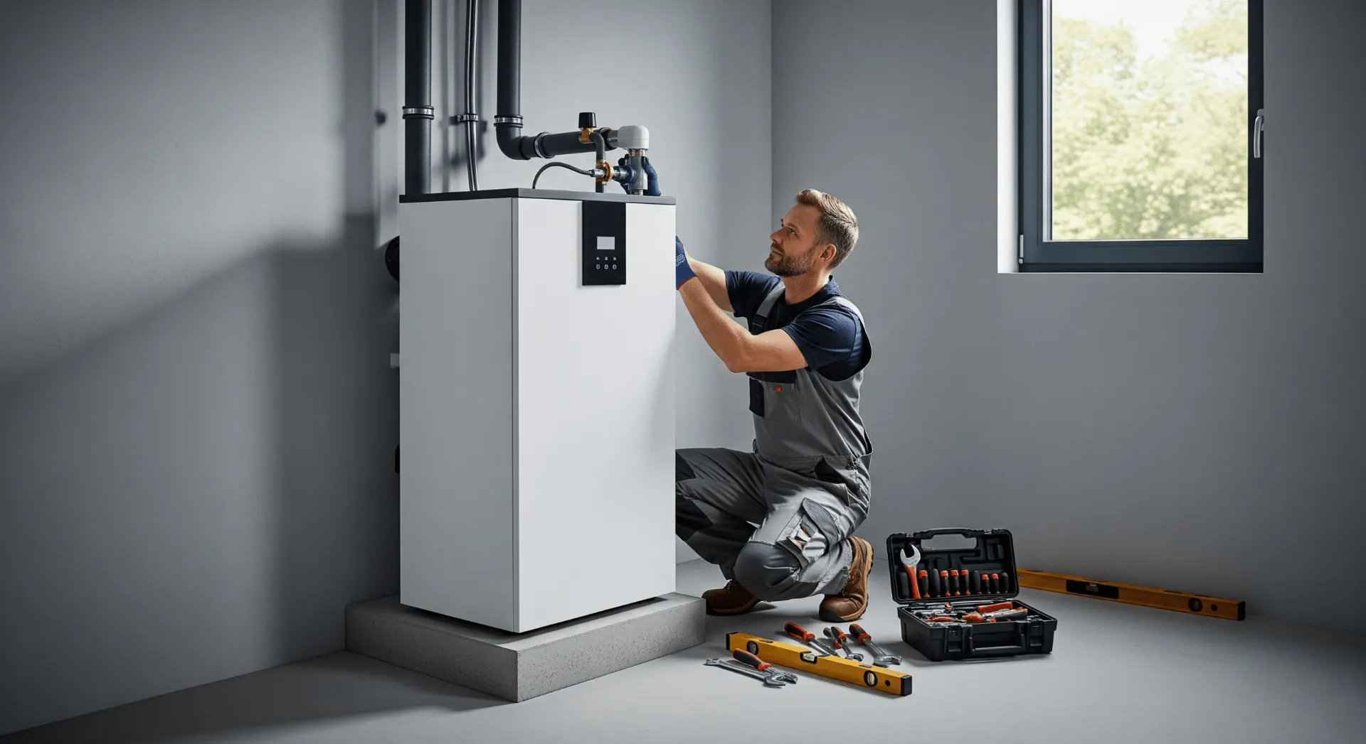 Installateur montiert eine moderne Wärmepumpe im Heizungsraum eines Einfamilienhauses