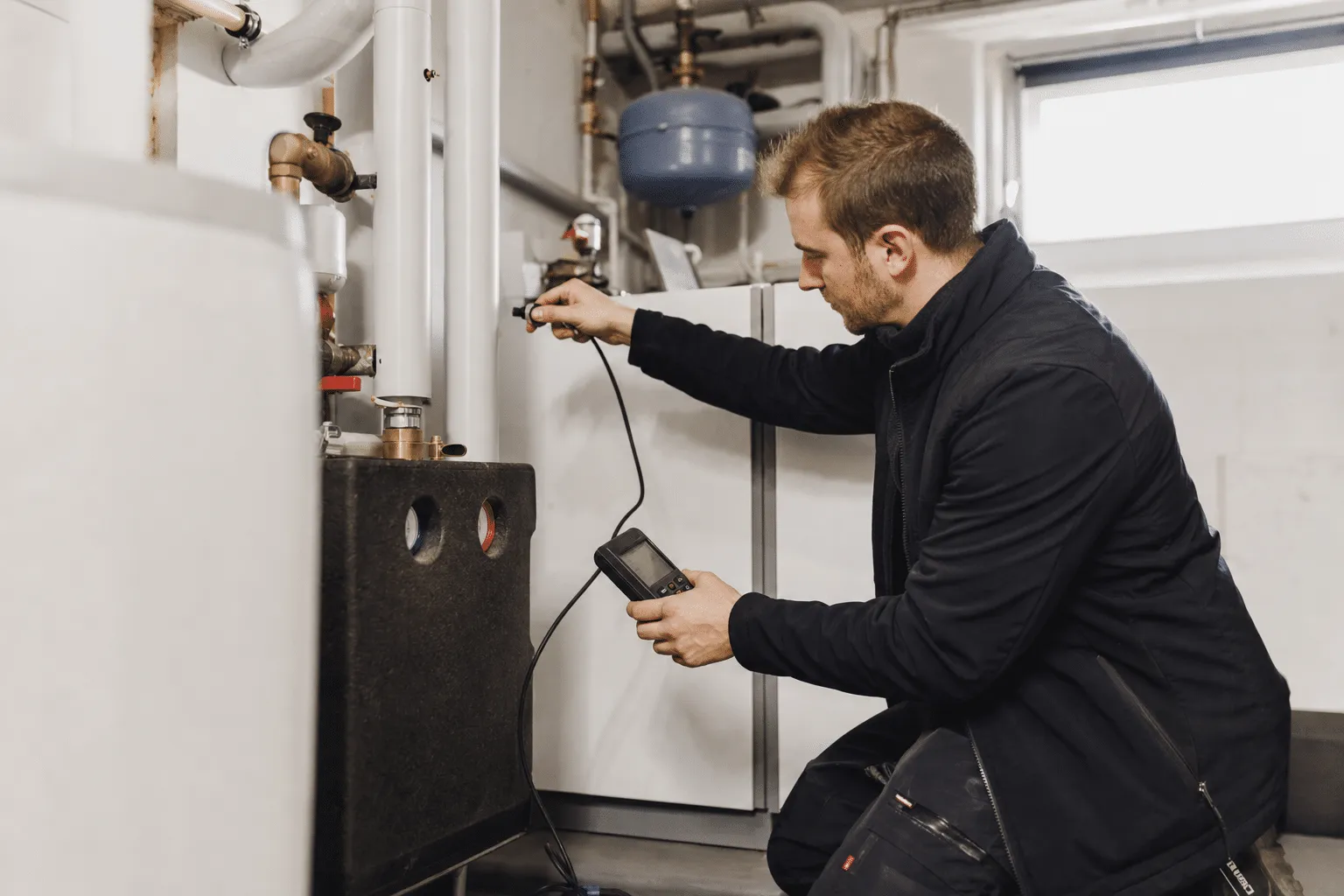 Installateur überprüft Heizungsanlage im Keller mit Werkzeug und digitalem Messgerät