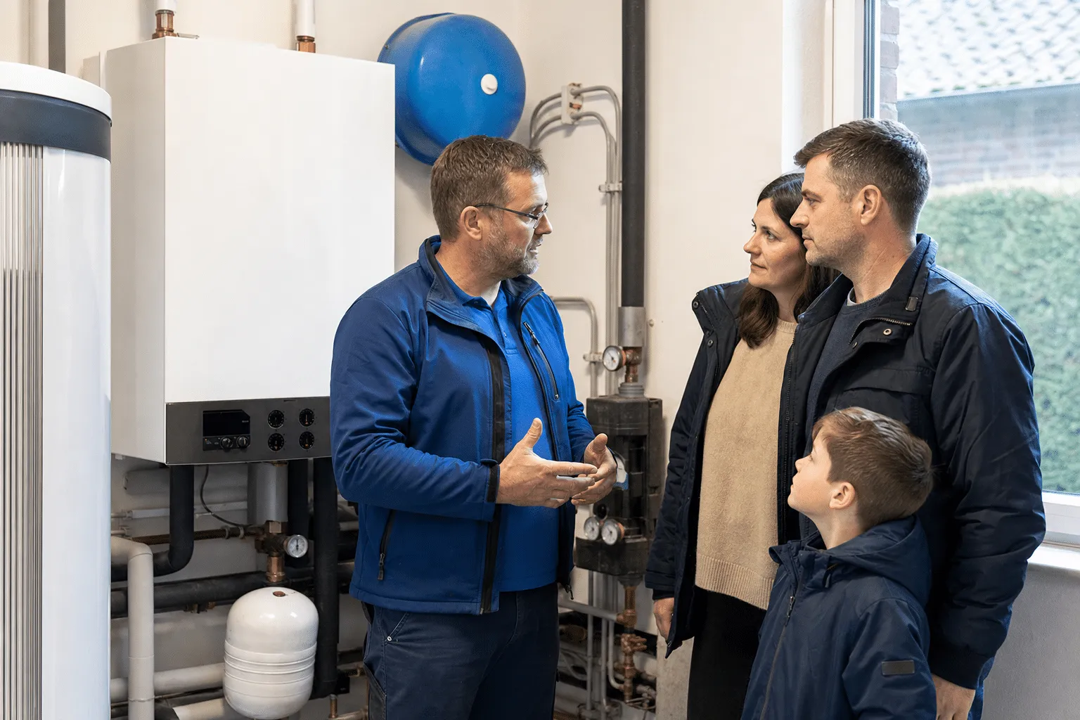 Familie steht im Technikraum vor moderner Heizungsanlage und bespricht Optionen mit Installateur