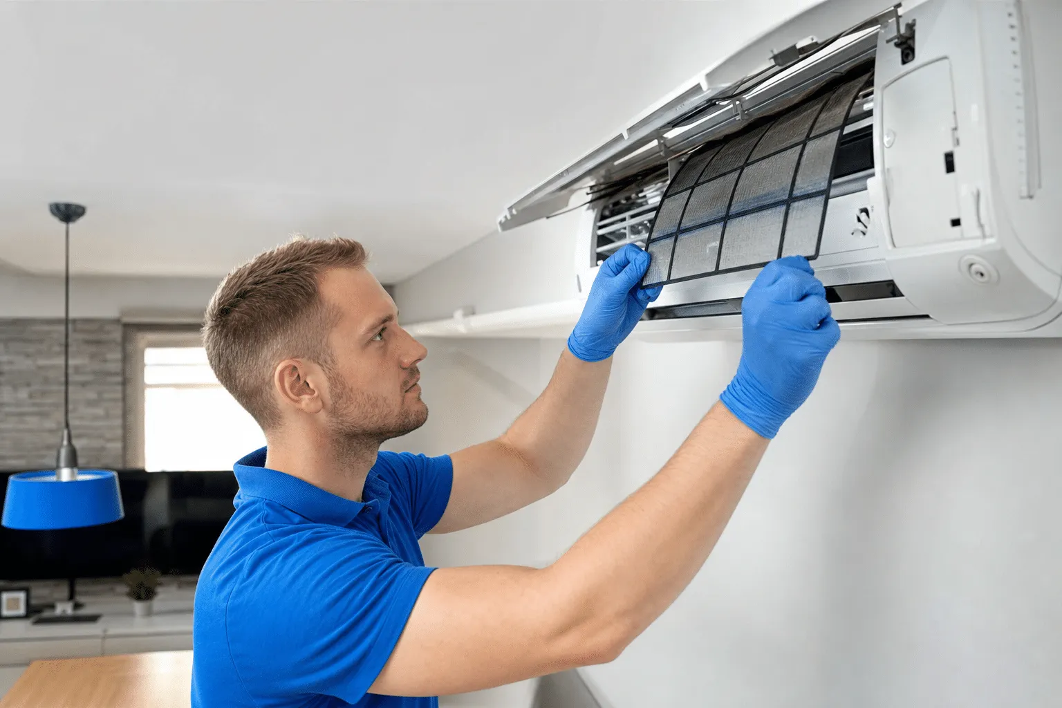 Person reinigt den Filter einer Split-Klimaanlage im Wohnzimmer