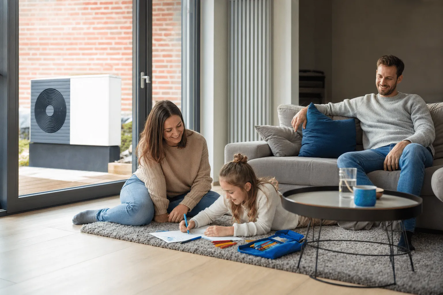 Familie entspannt im Wohnzimmer eines modernen Hauses mit Fußbodenheizung und Wärmepumpe