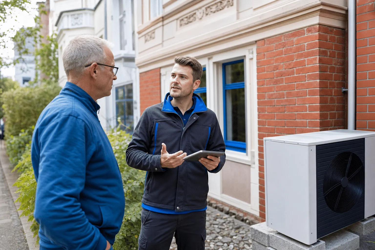 Hausbesitzer spricht mit Energieberater vor einem sanierten Altbau mit Wärmepumpe