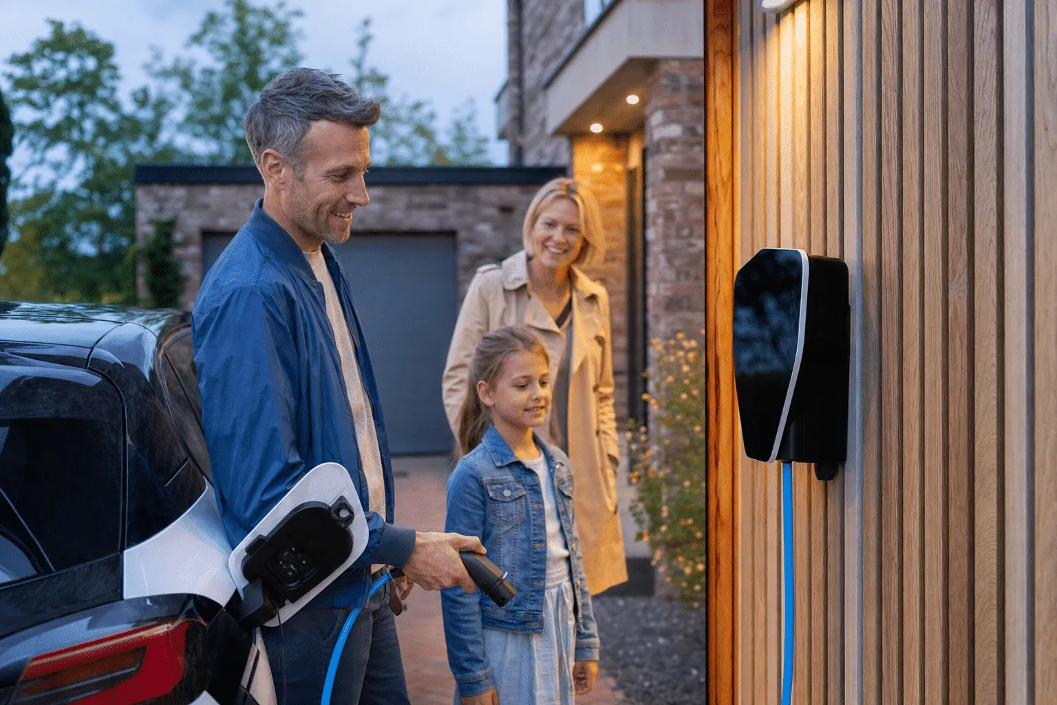 Familie lädt ihr Elektroauto abends an einer modernen Wallbox vor dem Einfamilienhaus