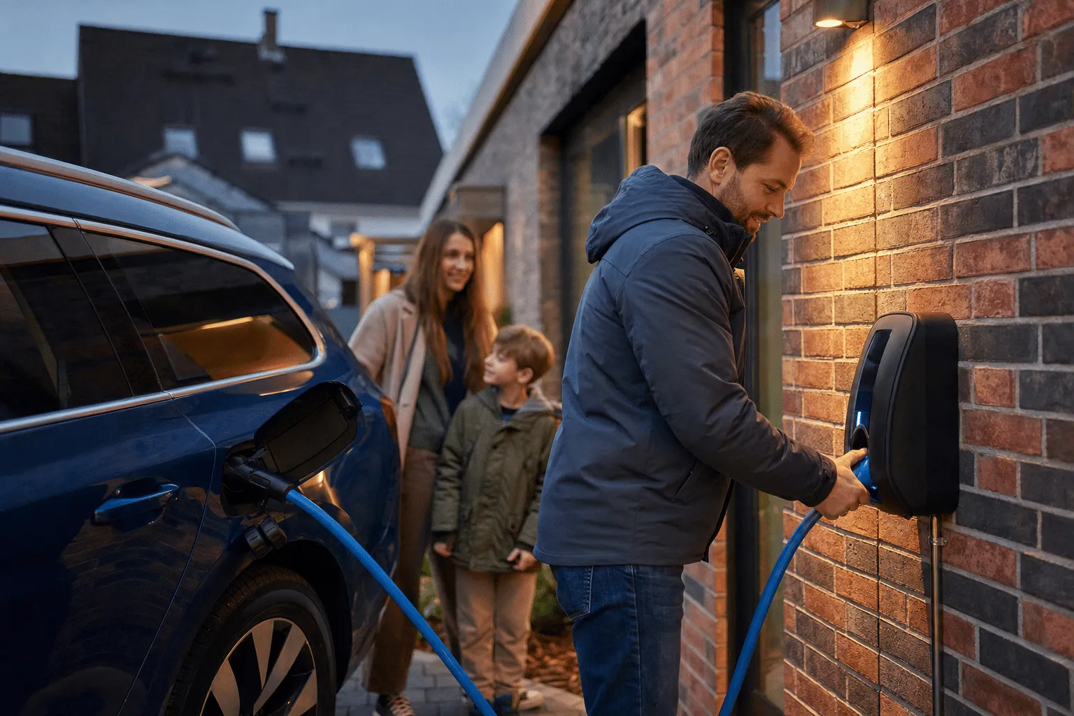 Familie lädt ihr Elektroauto abends vor dem eigenen Einfamilienhaus an einer Wallbox