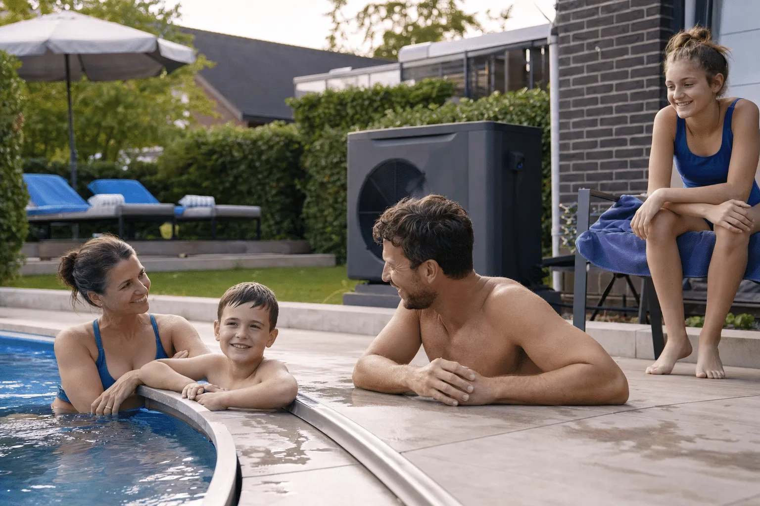 Familie entspannt am warmen Pool im Garten mit sichtbarer Wärmepumpe neben dem Becken