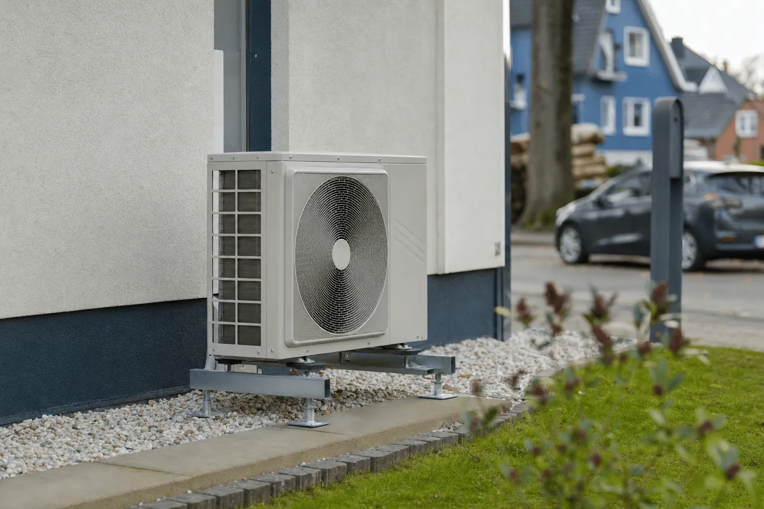 Außengerät einer modernen energieeffizienten Klimaanlage an einem Einfamilienhaus