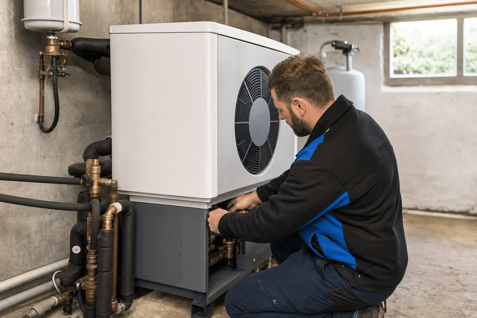 Handwerker installiert moderne Wärmepumpe im Keller eines Einfamilienhauses