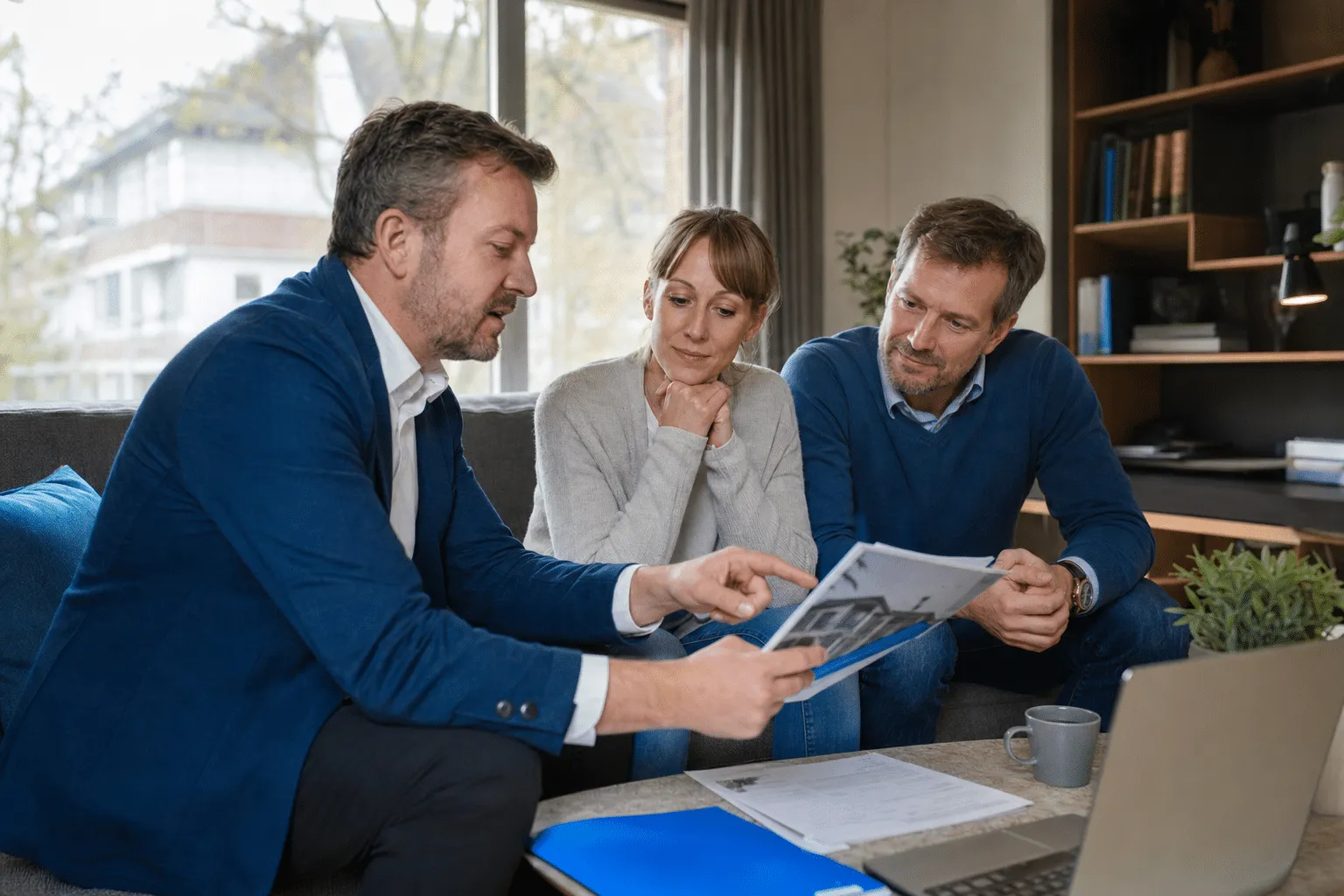 Energieberater erklärt Hausbesitzern den Sanierungsfahrplan im Wohnzimmer