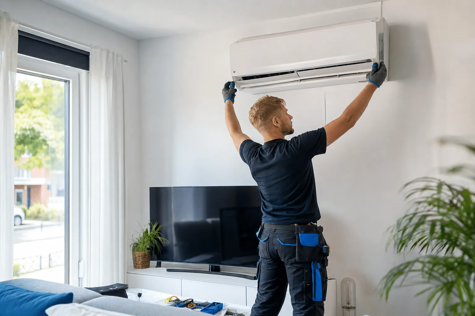 Techniker installiert ein modernes Split-Innengerät in einem hellen Wohnzimmer